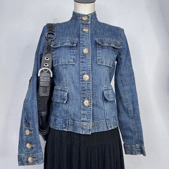 Denim Jacket Buttons High Collar Pockets Y2K Downtown Girl Size 4 - Picture 3 of 8